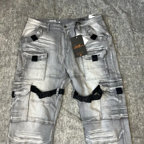 Copper Rivet Relaxed Fit Cargo Utility Pants 42x32 Gray Buckle Strap Moto Street